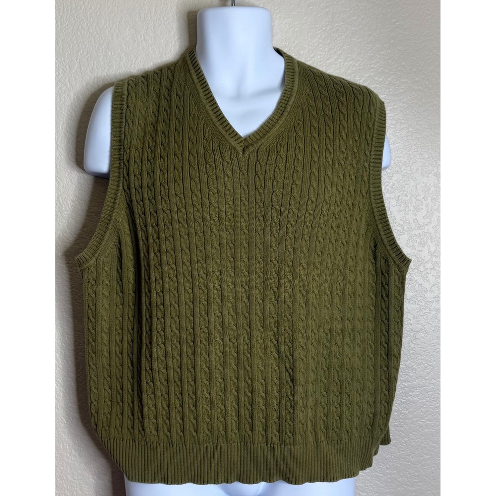 Grant Thomas Mens XL Sweater Vest Olive Green Supima Cotton‎ Cable Knit V Neck